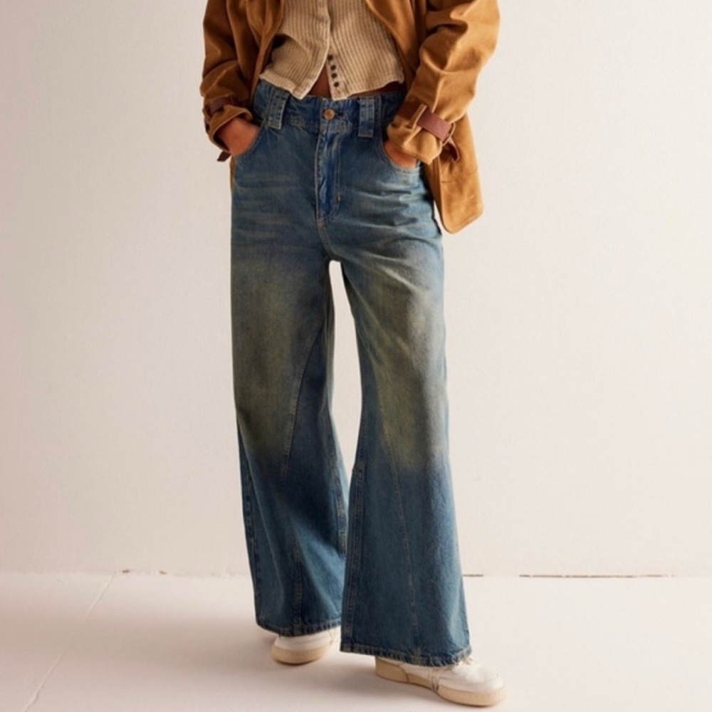 Free People Wide-Leg Dropped Jeans — Light Blue Wash worn once